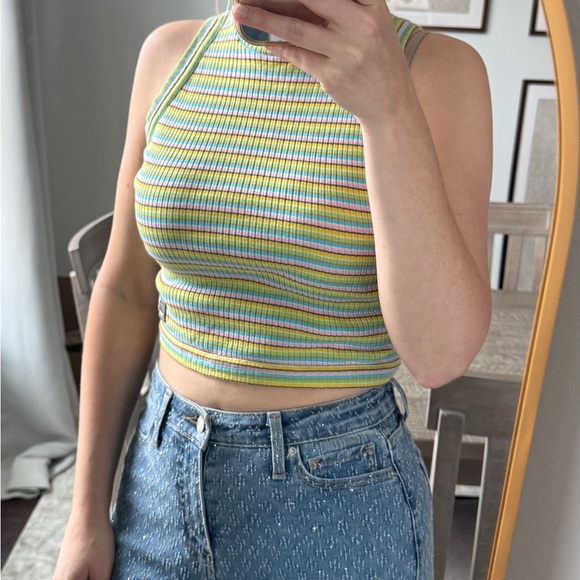 Versace JC Candy Striped Cotton Multicolor Y2K Style Ribbed Mock Sleeveless Top - Picture 2 of 12